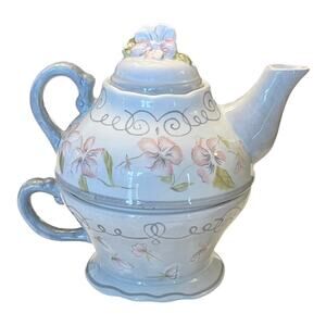 Tracy Porter Georgette TEA FOR ONE Ceramic Cup + Teapot & Lid Pink Gray + Tag